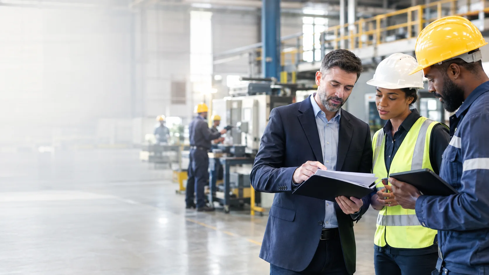 A corporate executive reviewing documents with a female engineer and male worker wearing hard hats and safety vests inside a modern industrial manufacturing plant.
